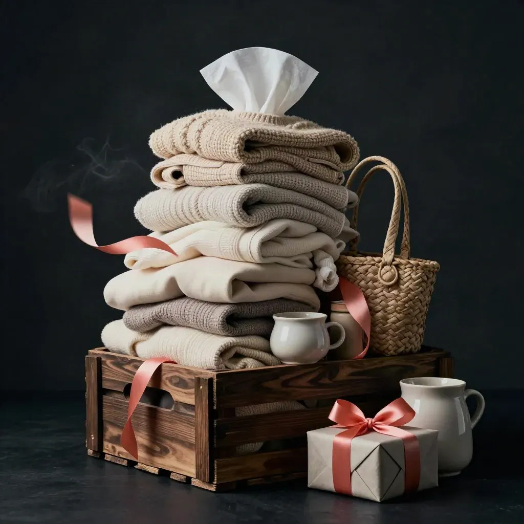Moody studio still life of folded clothes, gifts, and a tote spilling from a crate.