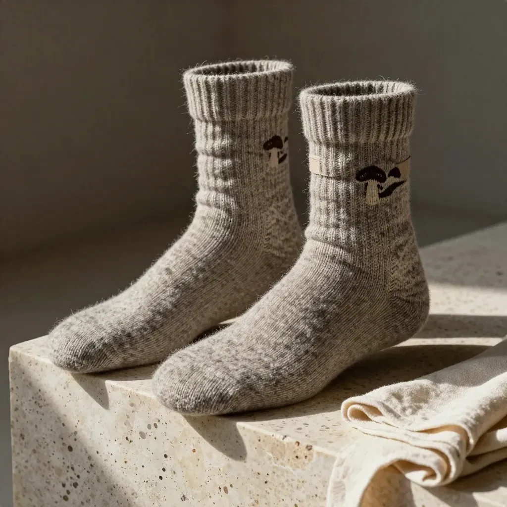 Macro of two heathered wool crew socks slouched on a stone block in soft studio light.