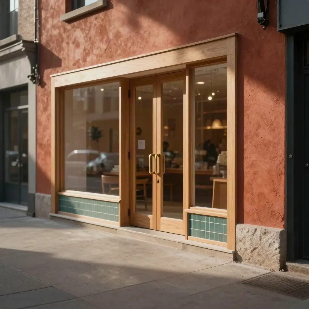 Open storefront passage with glowing doorway, blurred displays, and calm concrete foreground