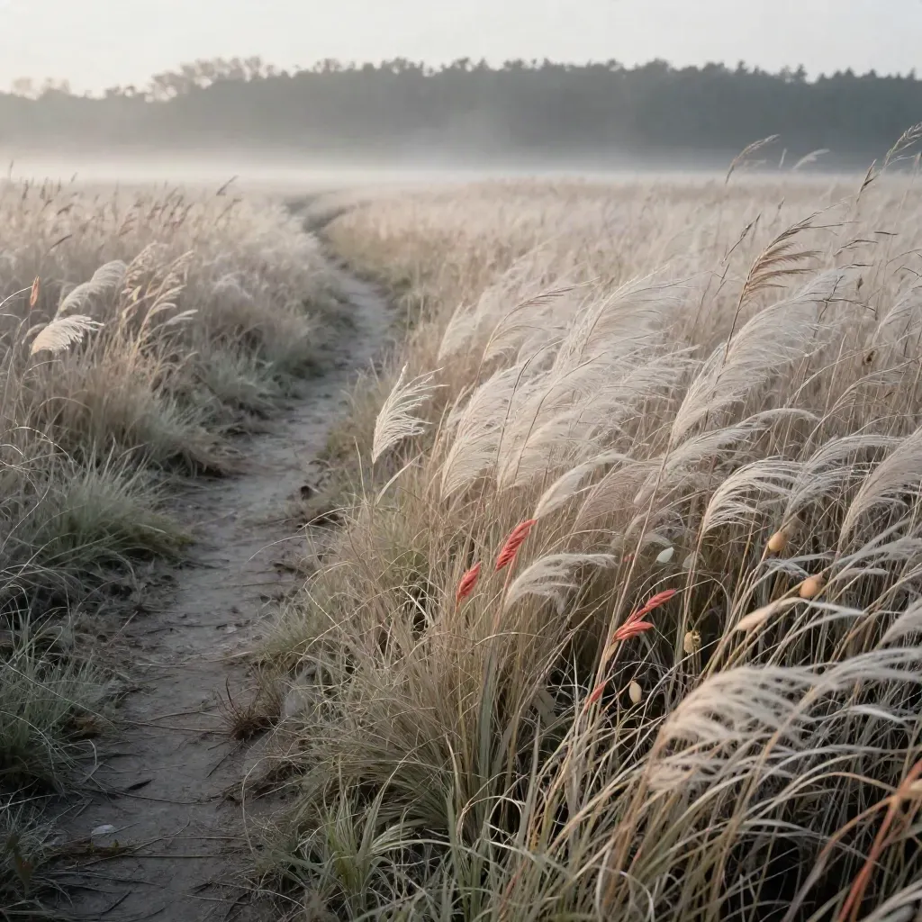 Windswept meadow edge with dried grasses, a quiet path, and soft evening haze for copy space.