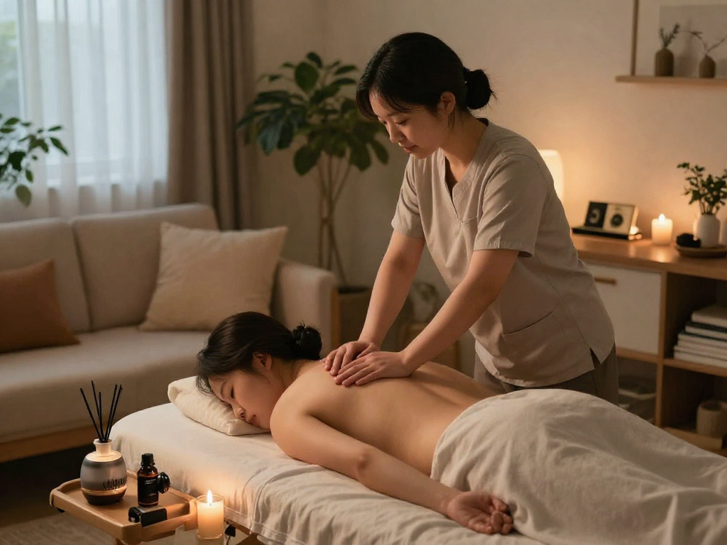 부천출장마사지 service provided at home with a tranquil atmosphere, showcasing a professional therapist and calming decor.