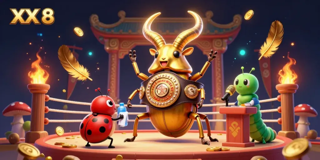 Engage in thrilling action at XX 8 with a vibrant 3D scene of a golden stag beetle boxing champion and a lively audience.