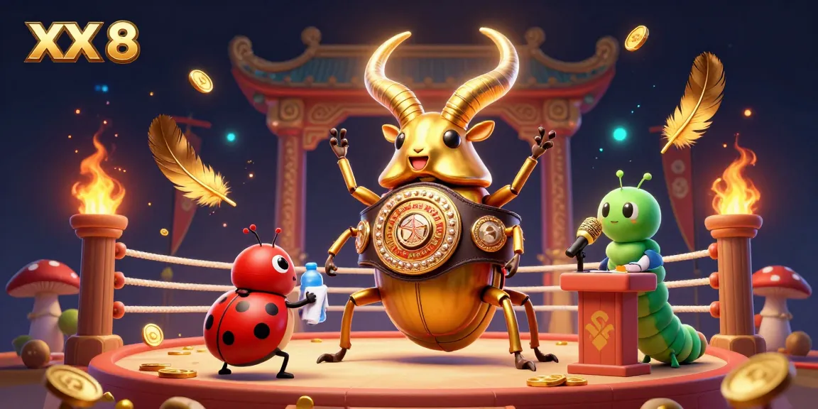Engage in thrilling action at XX 8 with a vibrant 3D scene of a golden stag beetle boxing champion and a lively audience.