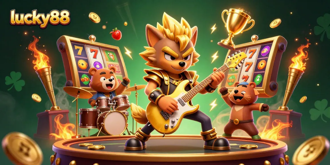 Play lucky88 with excitement in this vibrant casino scene featuring engaging 3D characters and slot reels.