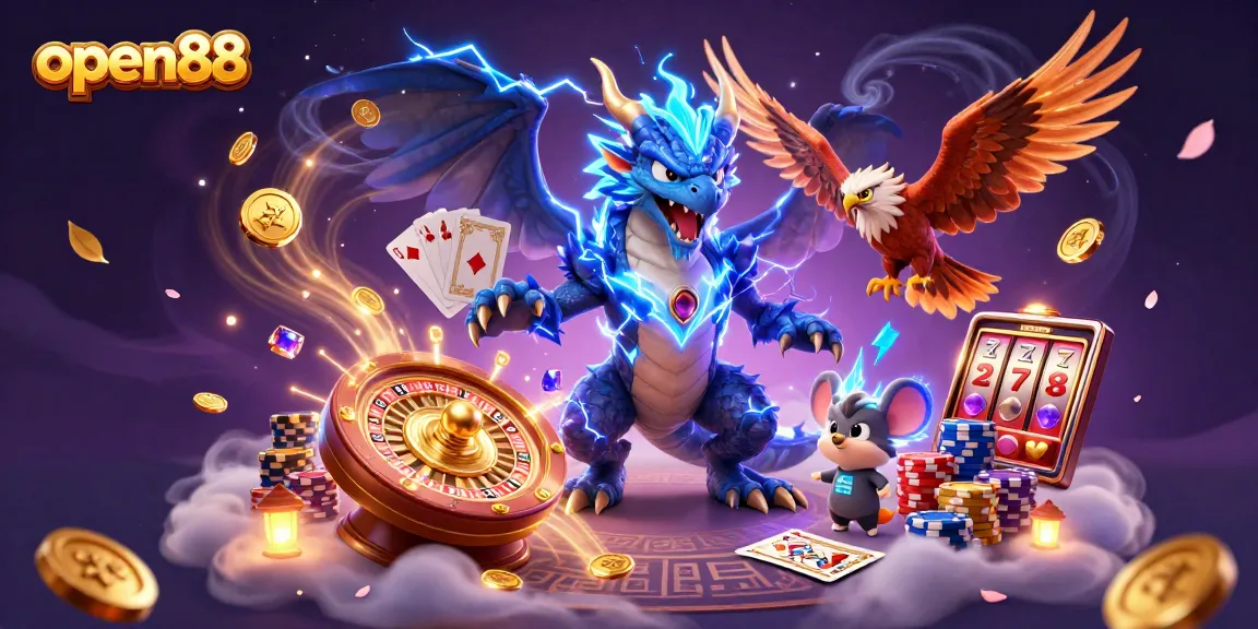 Spin to win at open88 as a thunder dragon and hawk unleash shimmering casino treasures.