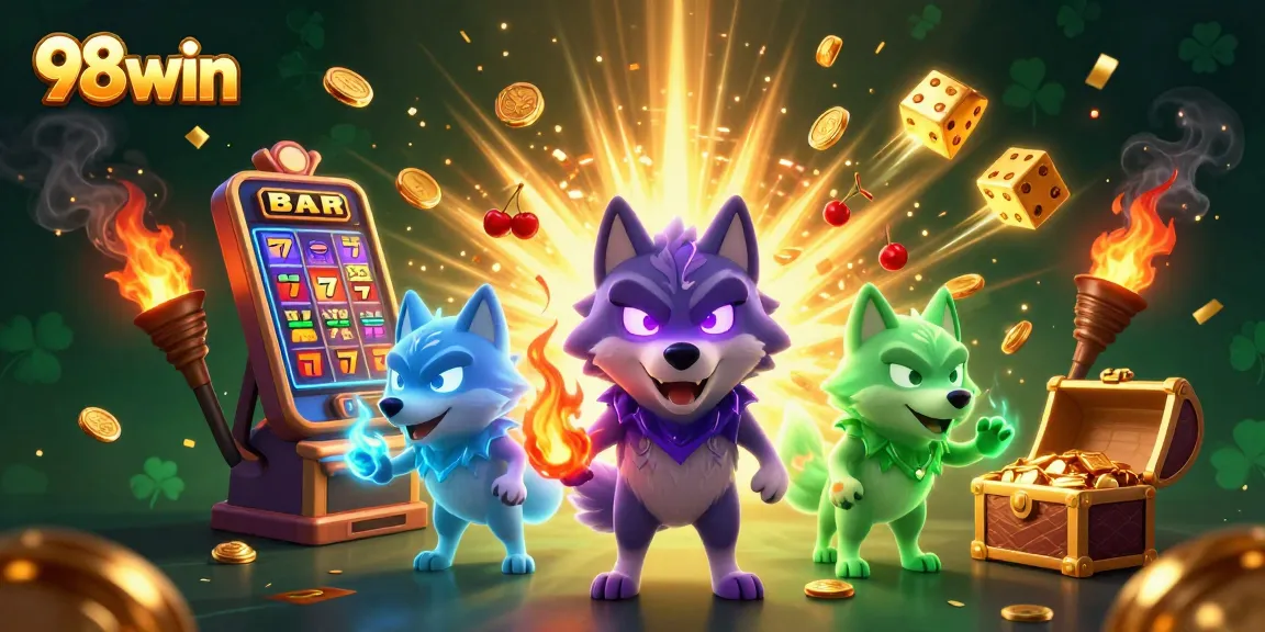Win big with 98win: a vibrant 3D scene showcasing exciting casino elements.