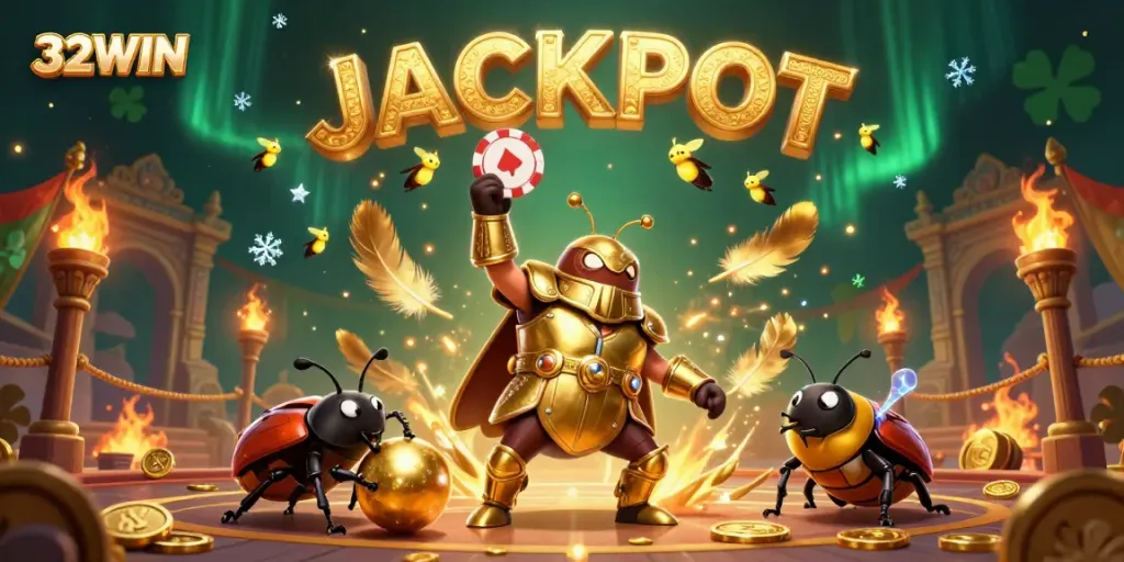 Experience thrilling wins with 32WIN's hercules beetle lifting a poker chip in a vibrant casino scene.