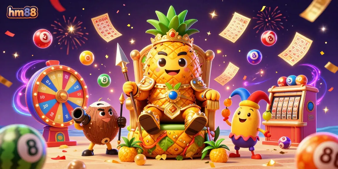 Experience thrilling games at hm88 with a vibrant casino scene featuring lively characters and dynamic lottery elements.