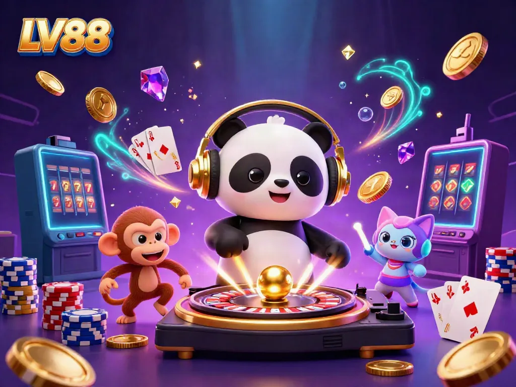 Experience LV88 excitement with a DJ panda, dancing monkey, and glowing kitten amid casino elements.
