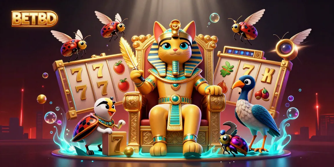 Engage with BETBD in a vibrant 3D casino atmosphere filled with slot reels, jewels, and festive elements.