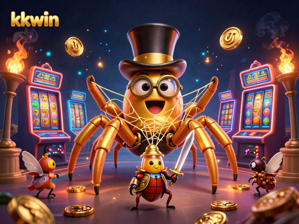 Engage with kkwin as a giant golden tarantula weaves a winning web of slots surrounded by colorful elements.
