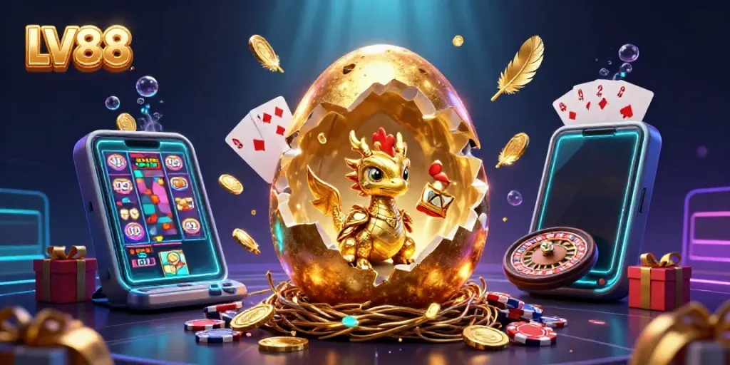 Experience the excitement of LV88 with a stunning 3D illustration featuring a golden dragon and casino elements.