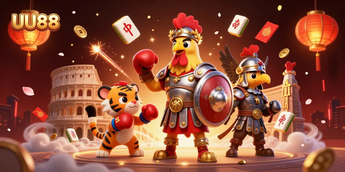 UU88 showcases vibrant action in a casino-themed illustration with a gladiator rooster.