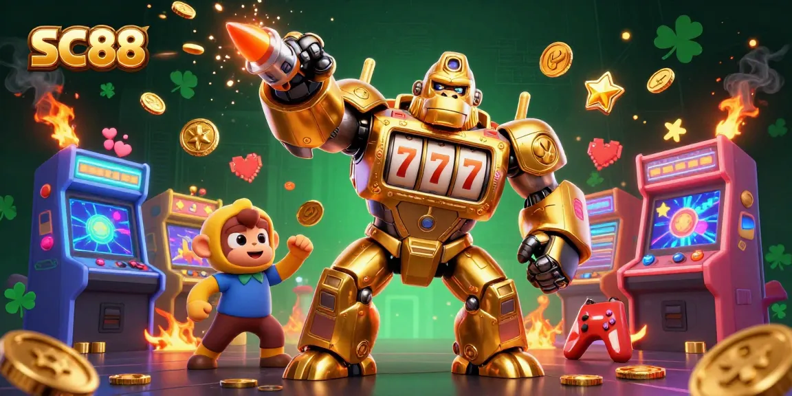 Experience thrilling wins at SC88 with a golden mech-themed casino illustration showcasing dynamic gaming elements.