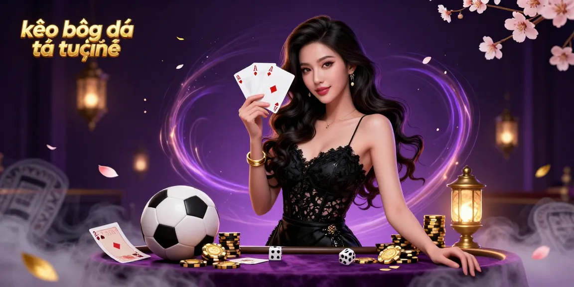 Kèo bóng đá trực tuyến illustration showcasing a graceful Asian woman in a casino setting, holding playing cards.
