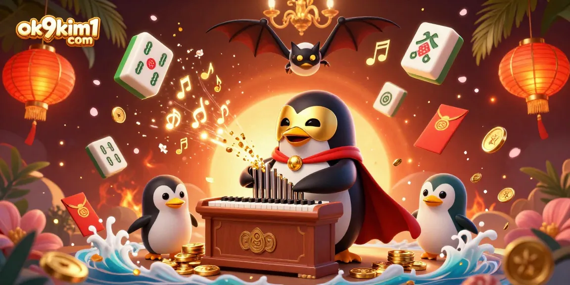 Experience the excitement of ok9kim1 com with a vibrant 3D casino scene featuring golden musical elements.
