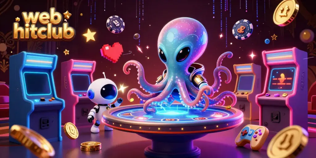 Play thrilling games at web hitclub with an alien octopus and robot in a vibrant casino
