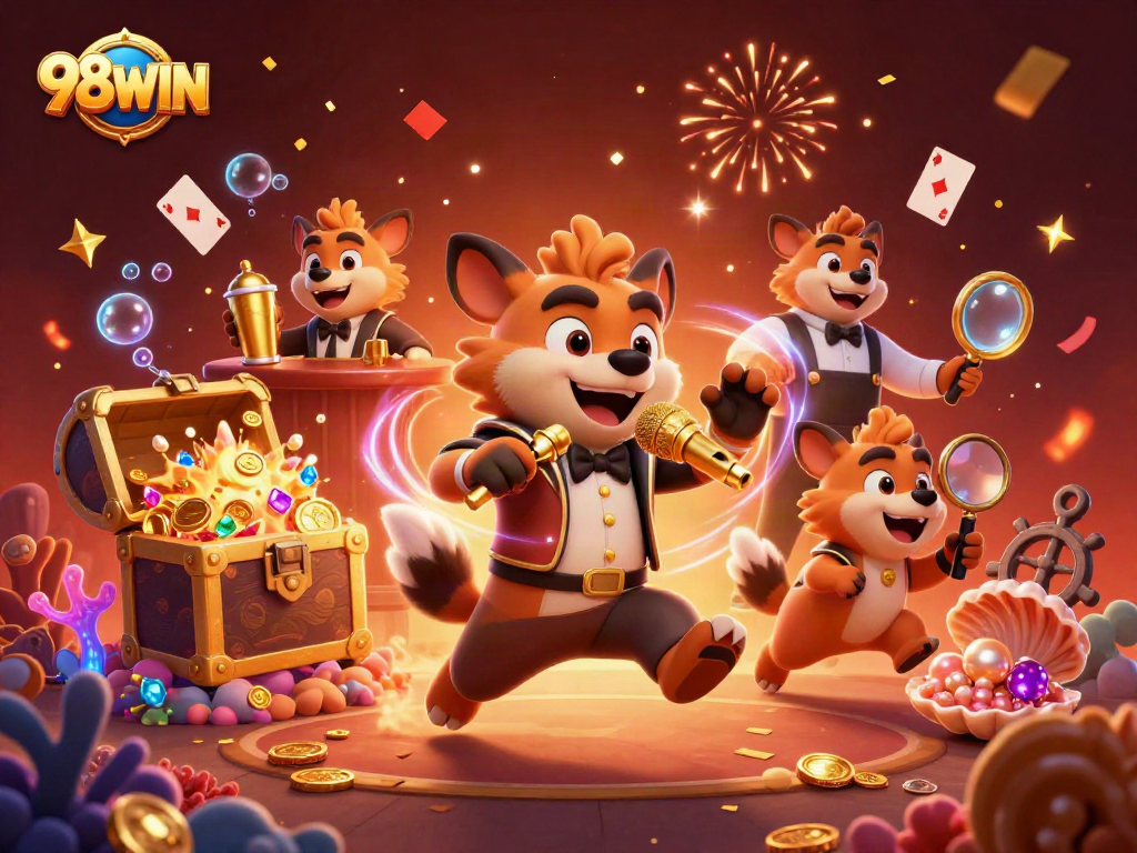 Join the fun at 98WIN's vibrant casino with hyena characters entertaining and mixing drinks!