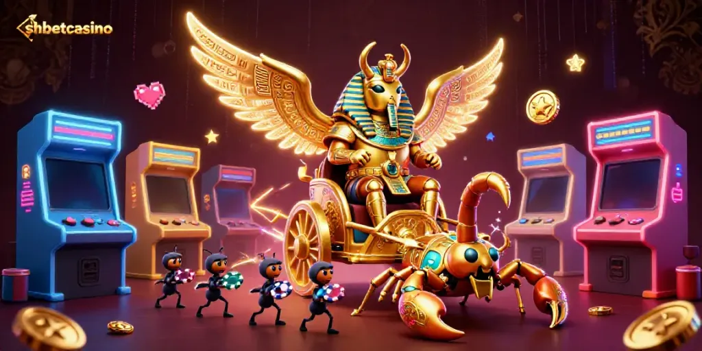 Engage in thrilling gameplay at shbetcasino with exciting 3D illustrations of vibrant casino elements.
