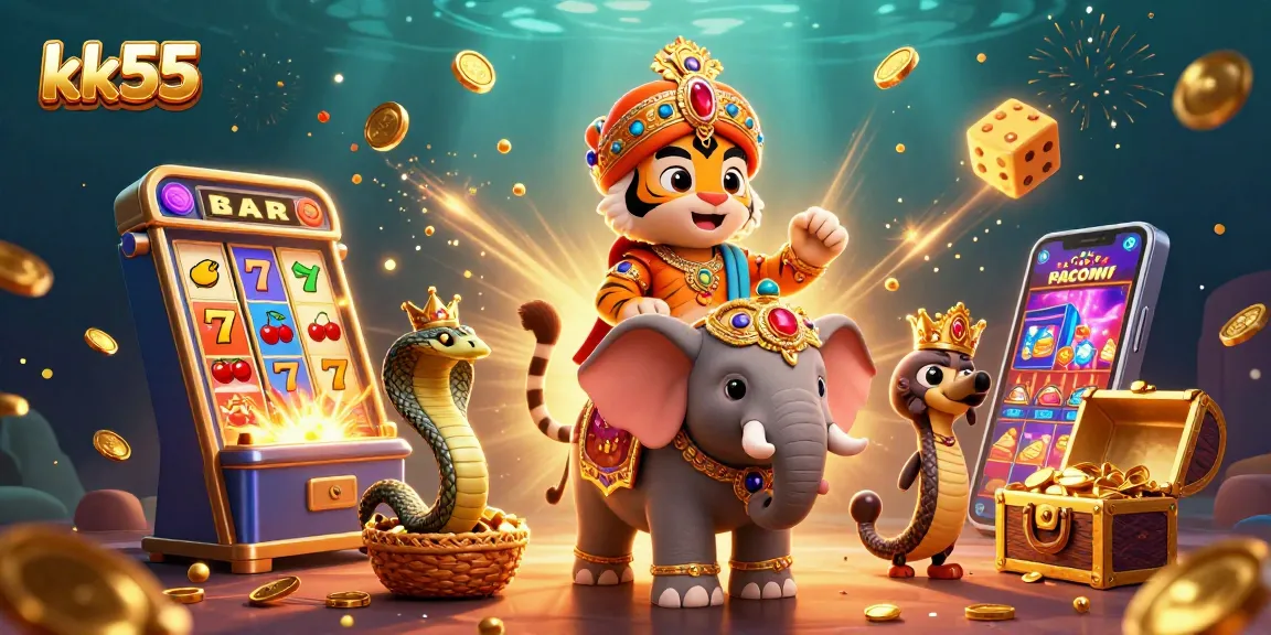 Experience exciting wins at kk55 with a vibrant 3D casino scene filled with slot machines and treasures.