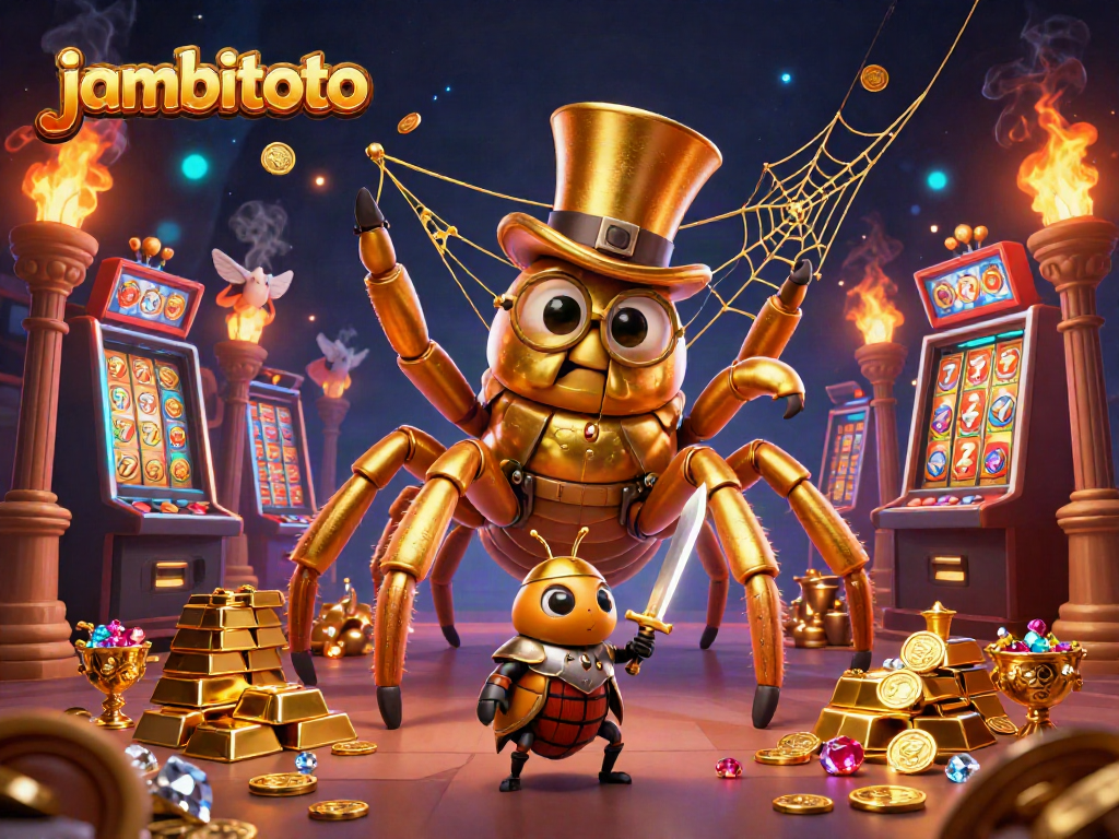 Engage with jambitoto's vibrant gaming world featuring a golden tarantula and beetle knight amid slot machines.