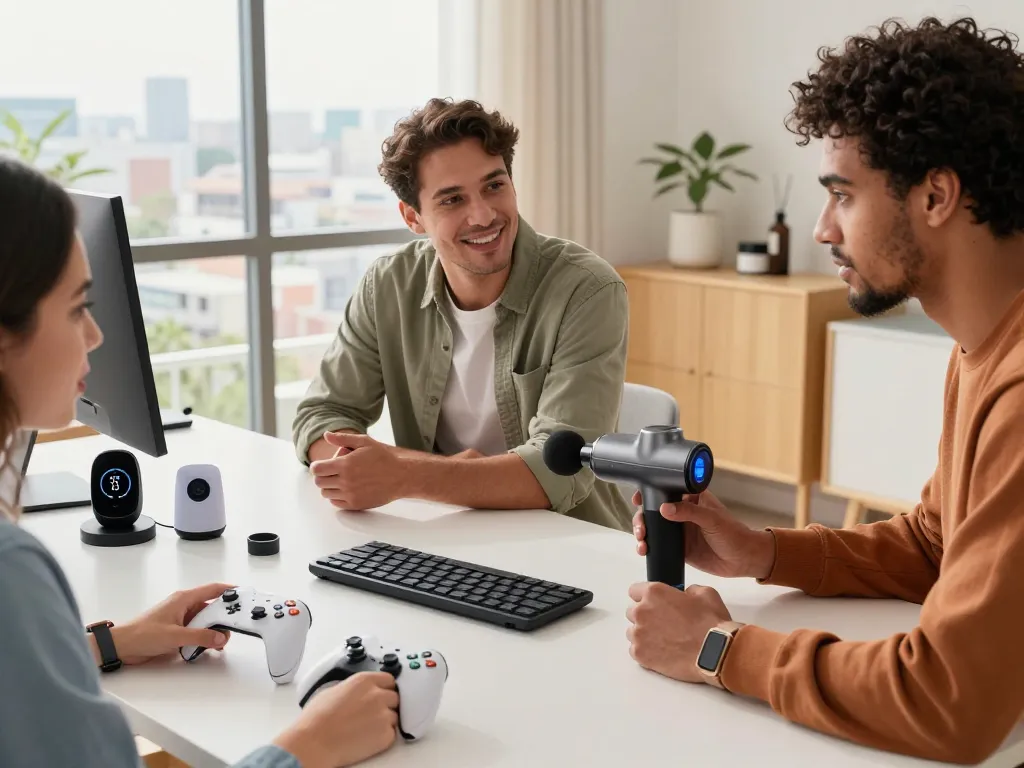 Must have tech gadgets showcased in a vibrant workspace with tech enthusiasts collaborating.