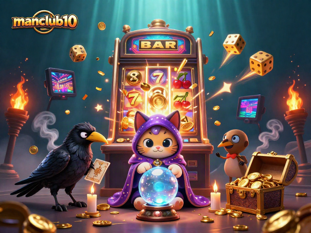 Experience the excitement of casino gaming with manclub10 through captivating visuals of slot machines, fortune teller characters, and more.