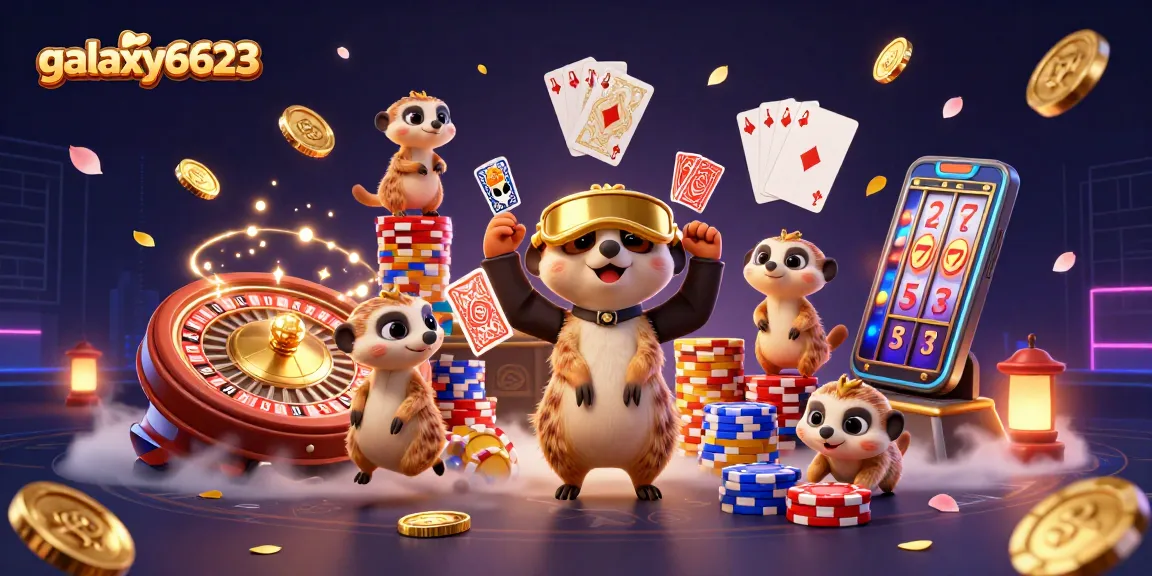 Experience the bustling casino world of galaxy6623 with playful meerkats managing games and fortune.