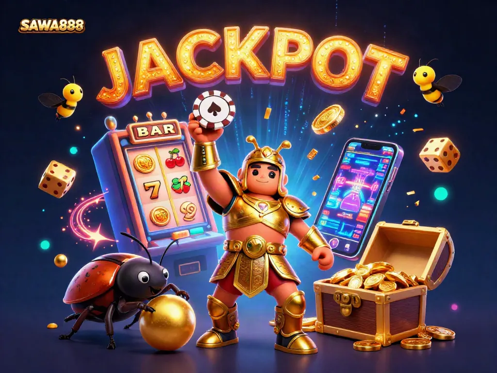 SAWA888 celebrates wins with a 3D beetle hero lifting a poker chip, jackpot elements exploding around.