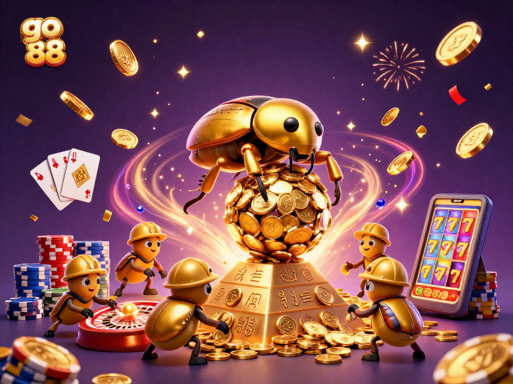 Engage with go 88's thrilling 3D casino adventure featuring golden beetles and jackpot symbols!