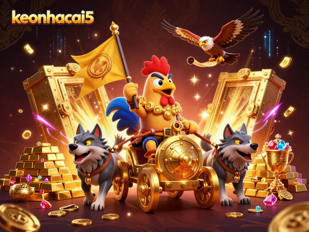 Experience thrilling sports betting with keonhacai5 featuring a cartoon rooster warlord in a dynamic casino scene.