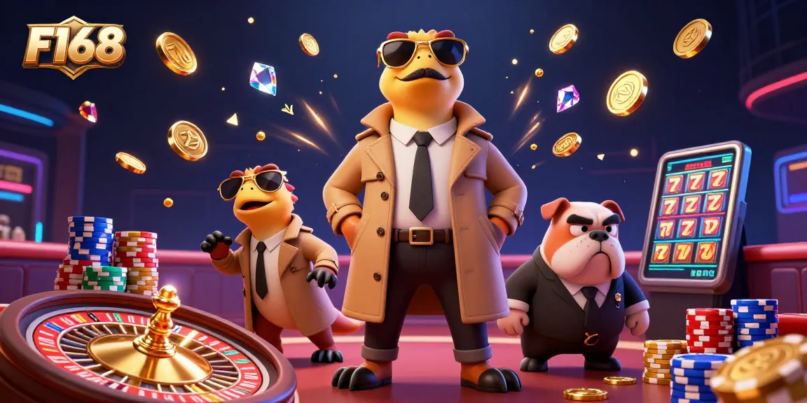 Engage with F168's thrilling gaming experience as cartoon raptors sneak into a VIP casino lounge.