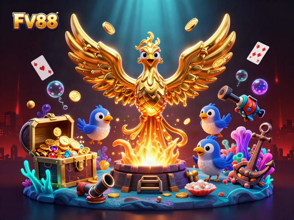 Engage with FV88’s immersive gaming experience featuring a molten golden phoenix and treasure.