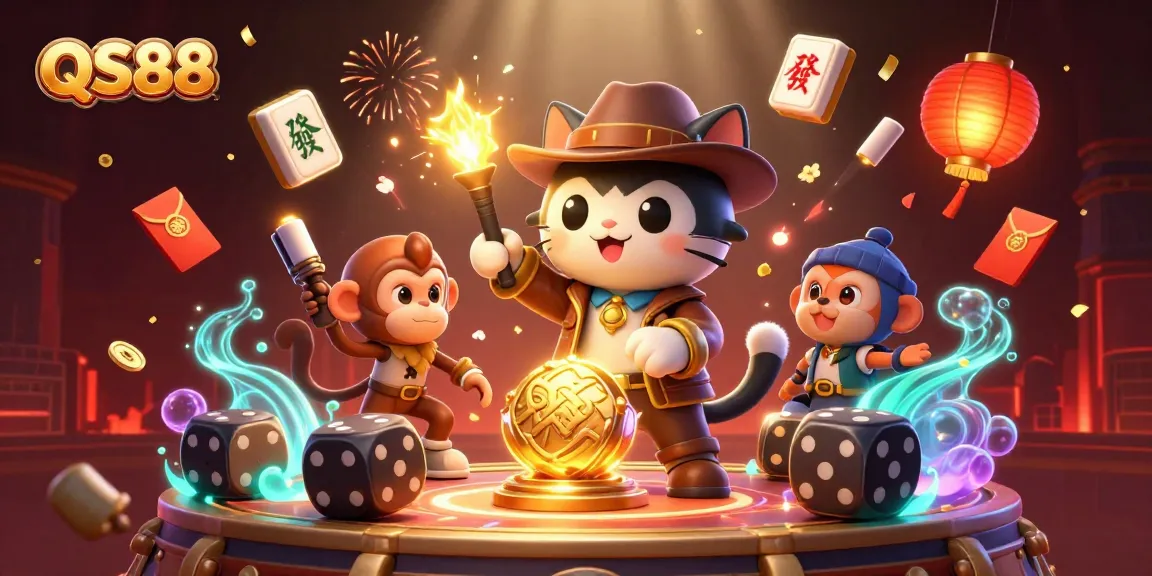 Experience the excitement of QS88 with an animated scene showcasing a cat archaeologist and monkey as they uncover casino treasures.
