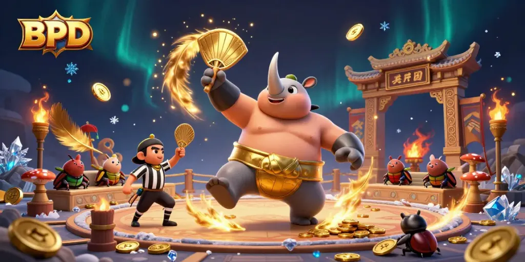 Engage with BPD strategies by witnessing a powerful sumo beetle champion amidst a vibrant gambling arena.