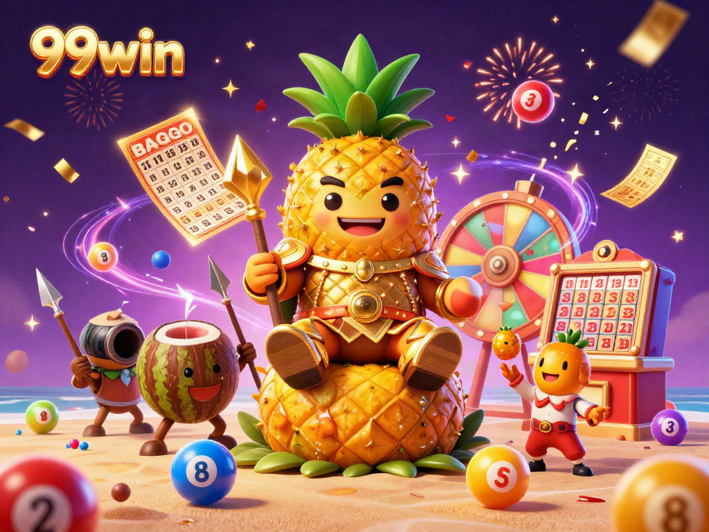 Join the adventure with 99win's golden pineapple king and jubilant characters in a casino-themed celebration!