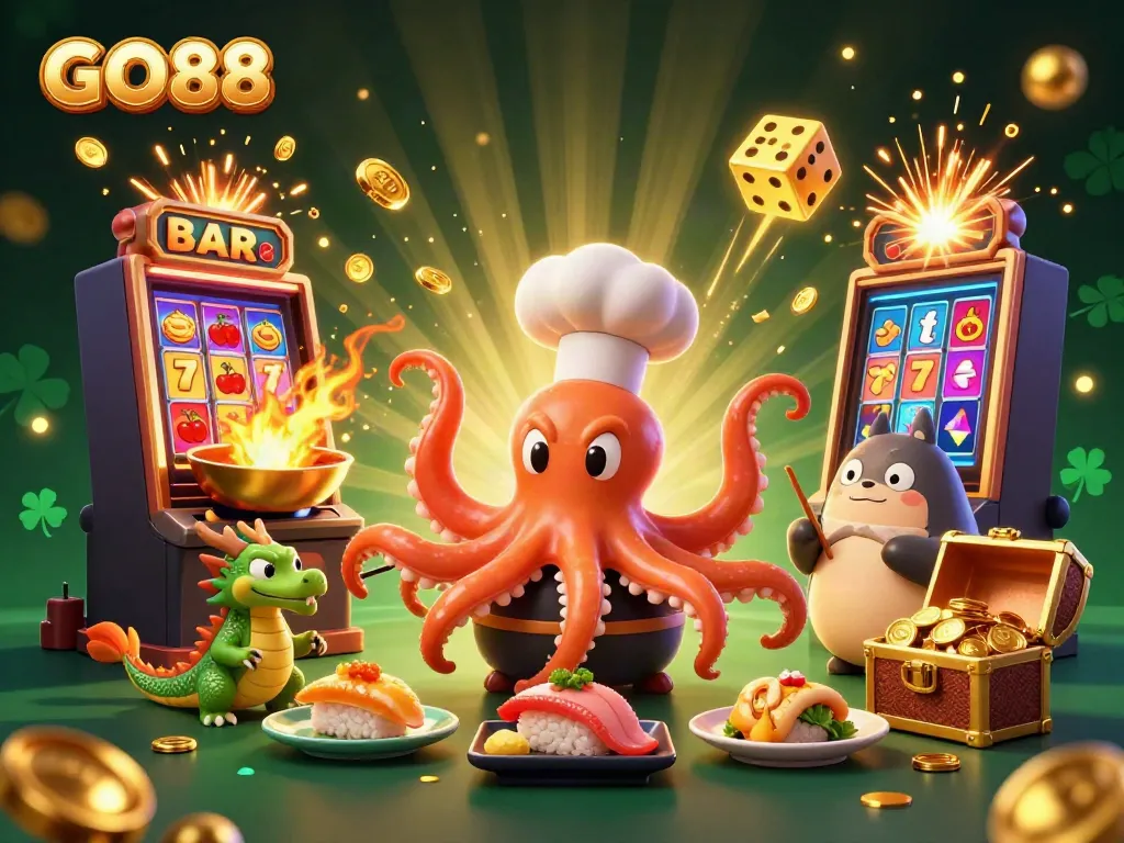 Engage with GO88's vibrant casino action featuring a sushi chef octopus and a dragon in a jackpot explosion.