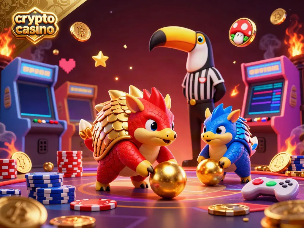 Compete in a vibrant crypto casino scene with pangolins themed around Bitcoin and Ethereum excitement.
