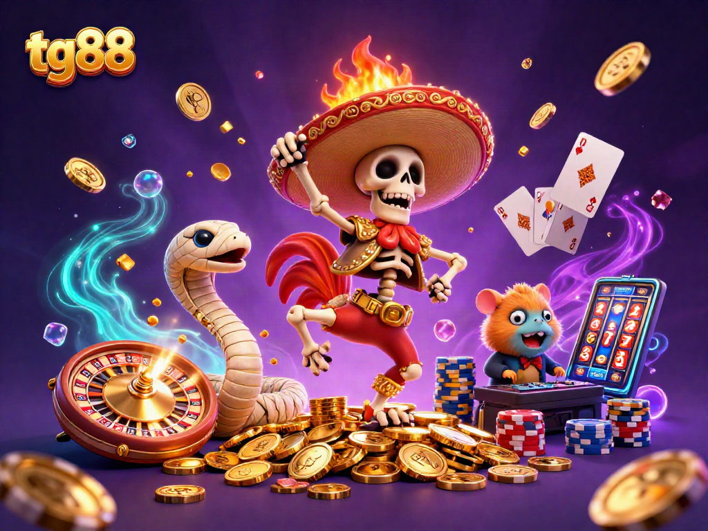 Join the fun with tg88 as the mariachi rooster, mummy snake, and DJ hamster celebrate in a vibrant casino scene.