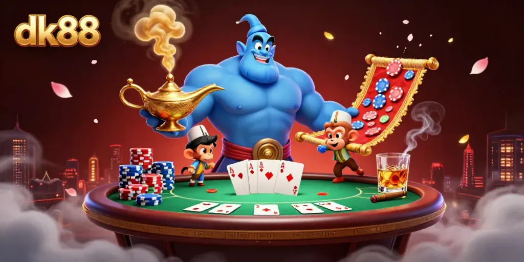 Engage in thrilling gameplay experiences at dk88 with a dynamic 3D art illustration showcasing a genie, monkey, and poker elements.