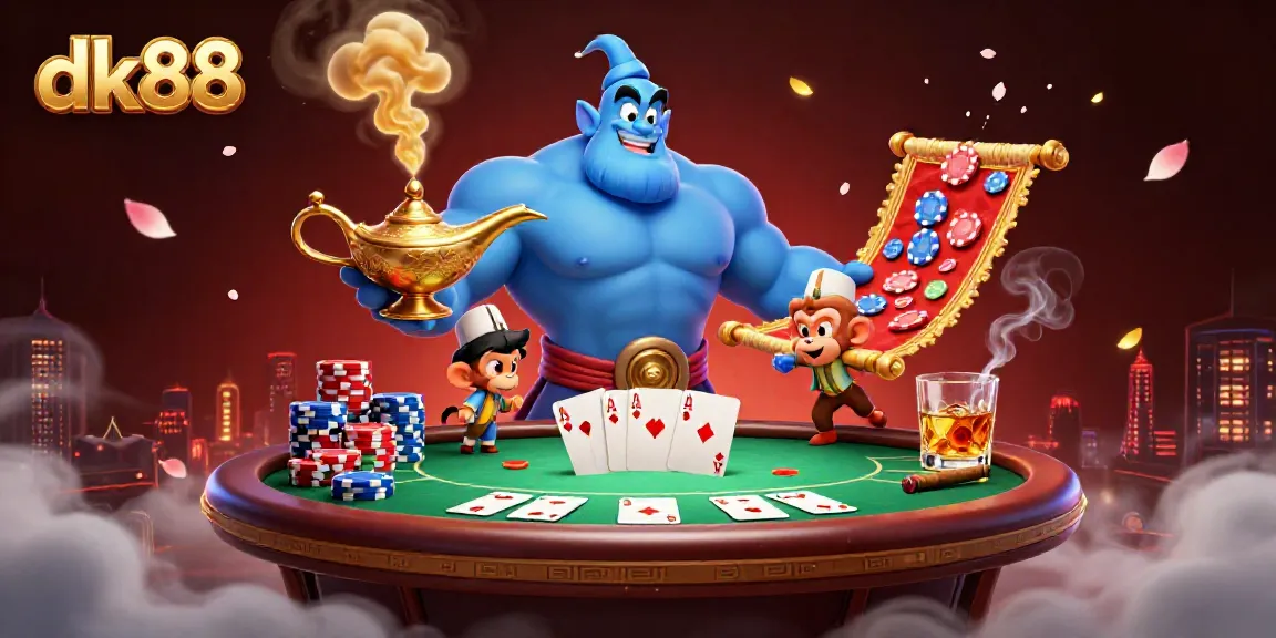Engage in thrilling gameplay experiences at dk88 with a dynamic 3D art illustration showcasing a genie, monkey, and poker elements.