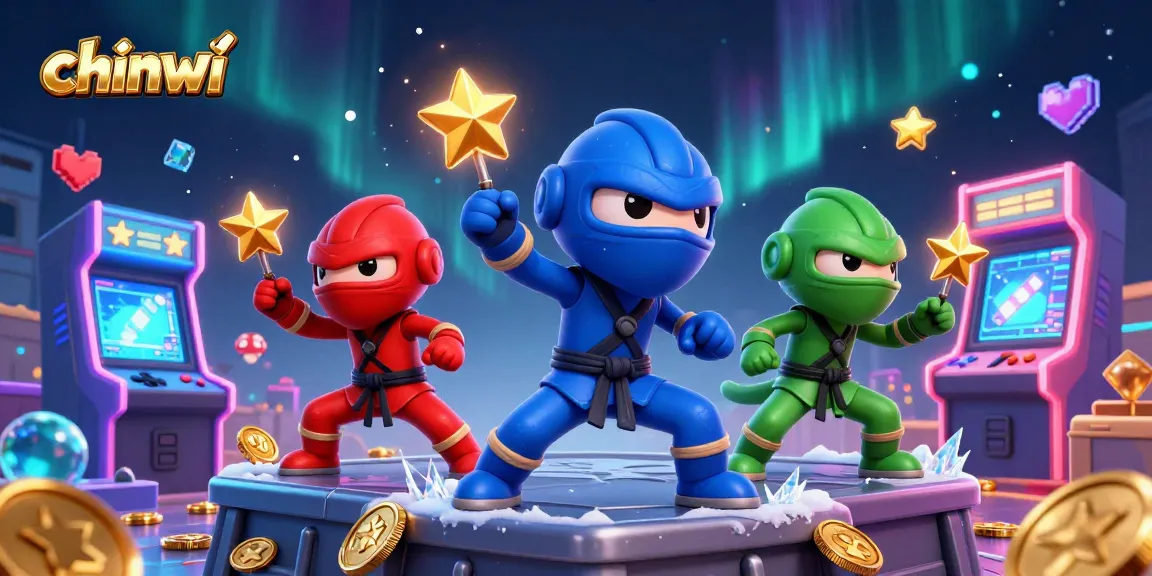 Experience thrilling action with chinwi as ninja chameleons showcase their skills in a vibrant casino-themed illustration.