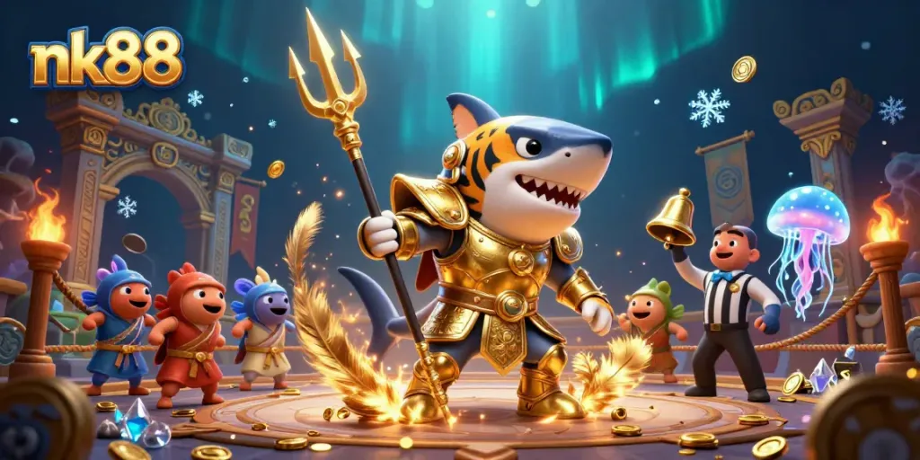 Experience thrilling gameplay with nk88 featuring a gladiator shark in a dynamic underwater arena.