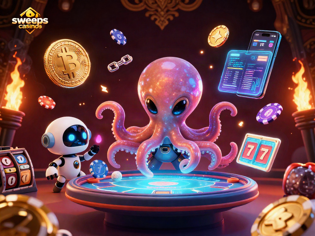 Sweeps casinos experience with a cartoon alien octopus operating a holographic poker table amidst vibrant casino elements.