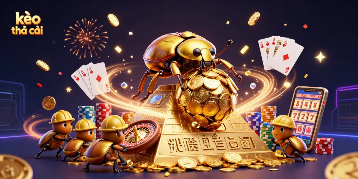 Engage with kèo nhà cái through a vibrant 3D cartoon scene showcasing a golden beetle and dynamic casino elements.