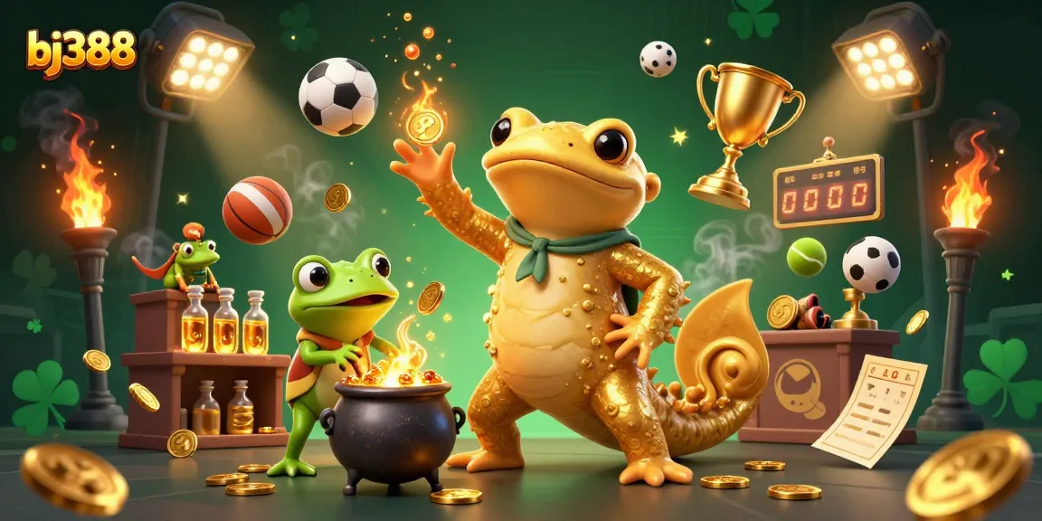 Experience dynamic sports betting at bj388 with golden elements and lively characters in a rich 3D illustration.