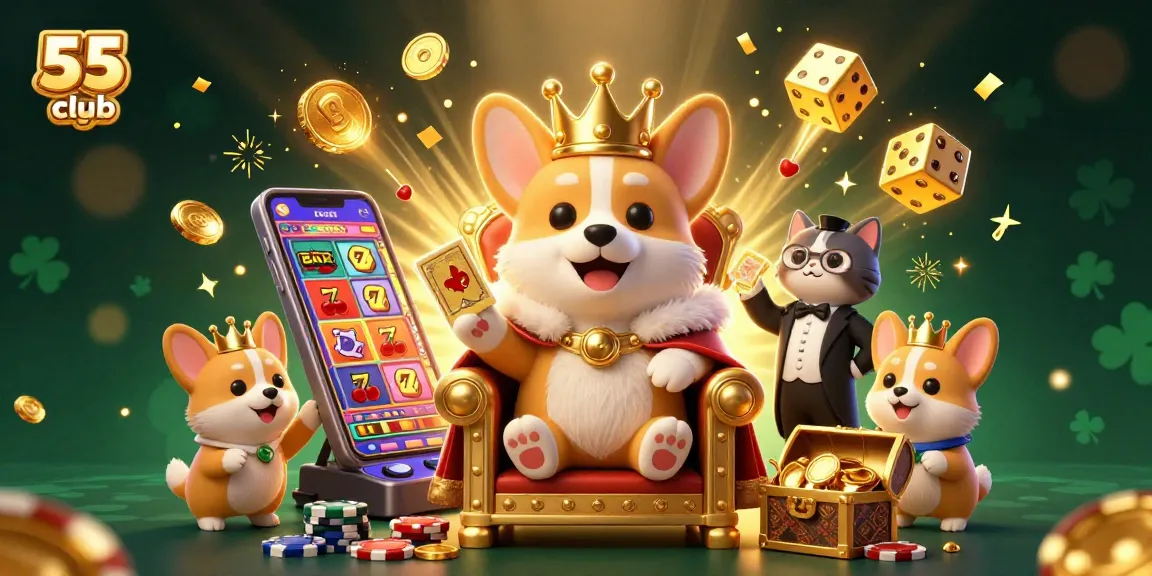 Engage with the 55 club login scene showcasing a corgi king, butler cat, and dynamic casino elements