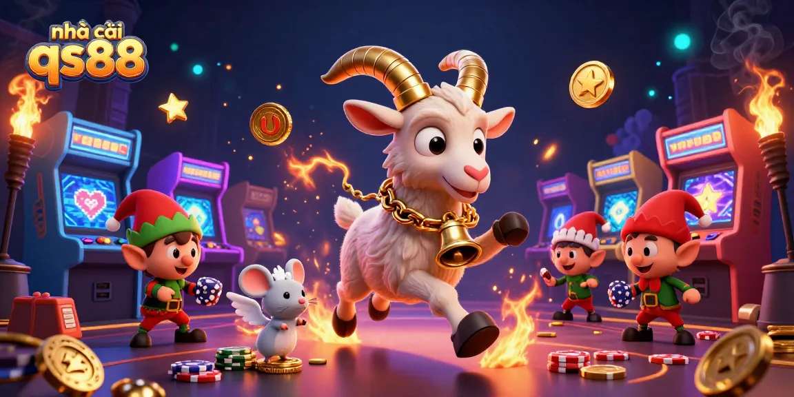 Join the excitement at nhà cái qs88 with a festive and spooky casino scene featuring Krampus, an angel mouse, and mischievous gremlins.