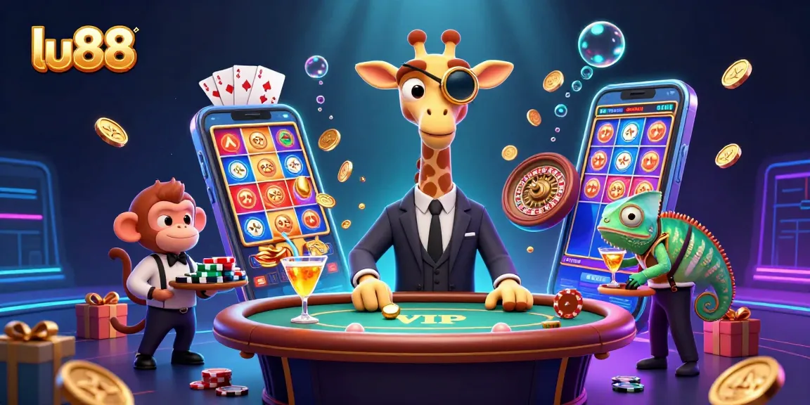 Experience exciting gaming with lu88 as the giraffe rolls poker chips at a lavish casino scene.