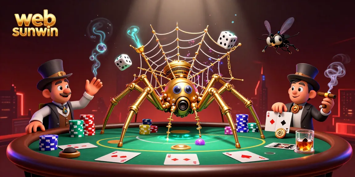 Engage with the thrilling web sunwin as a golden spider captures misfortunate dice in a vibrant casino scene.